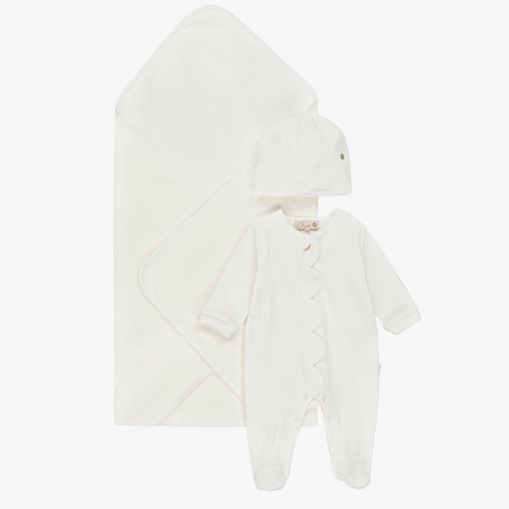 Pureté Du... Bébé-Ivory Velour Babysuit, Hat & Blanket Set | Childrensalon Outlet