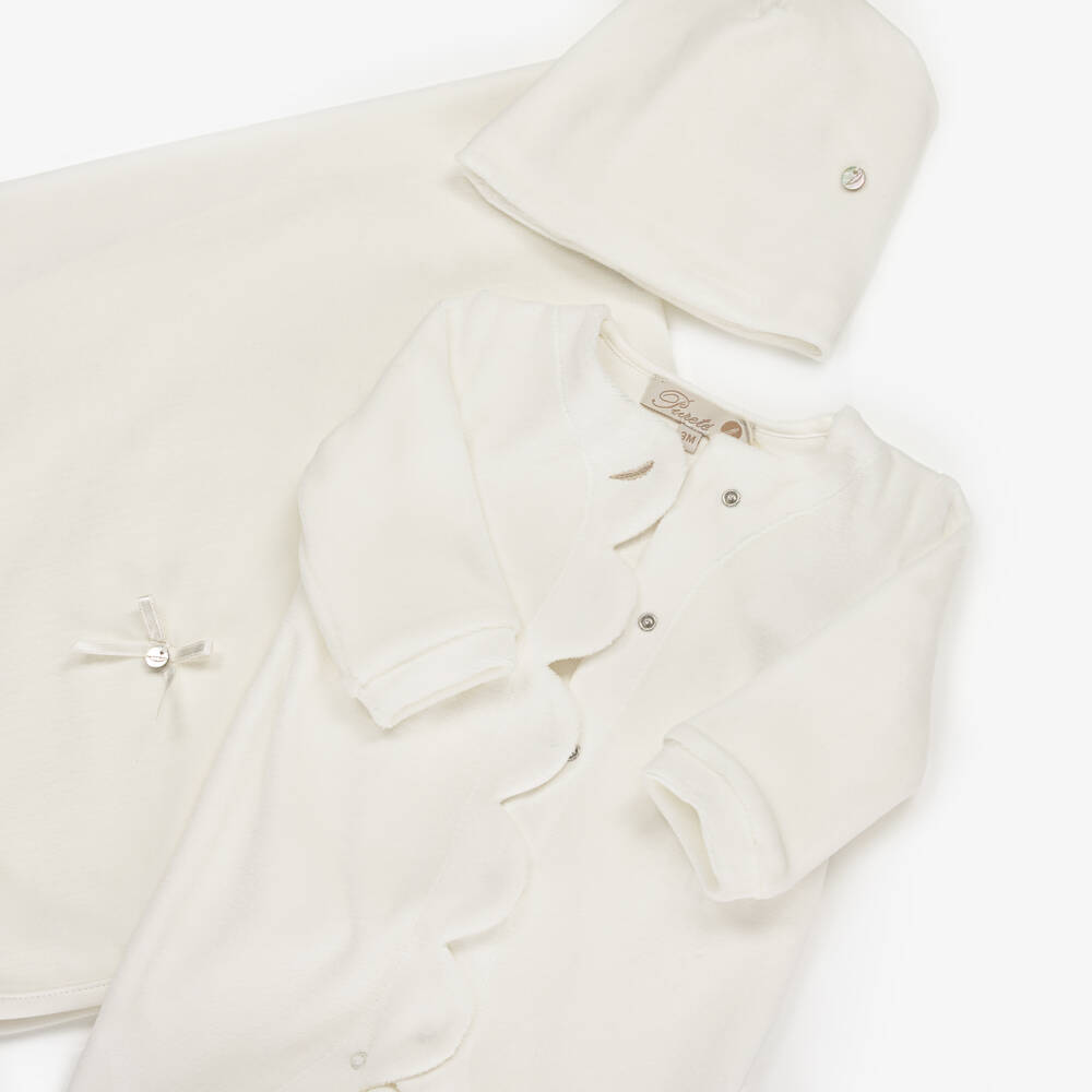 Pureté Du... Bébé-Ivory Velour Babysuit, Hat & Blanket Set | Childrensalon Outlet