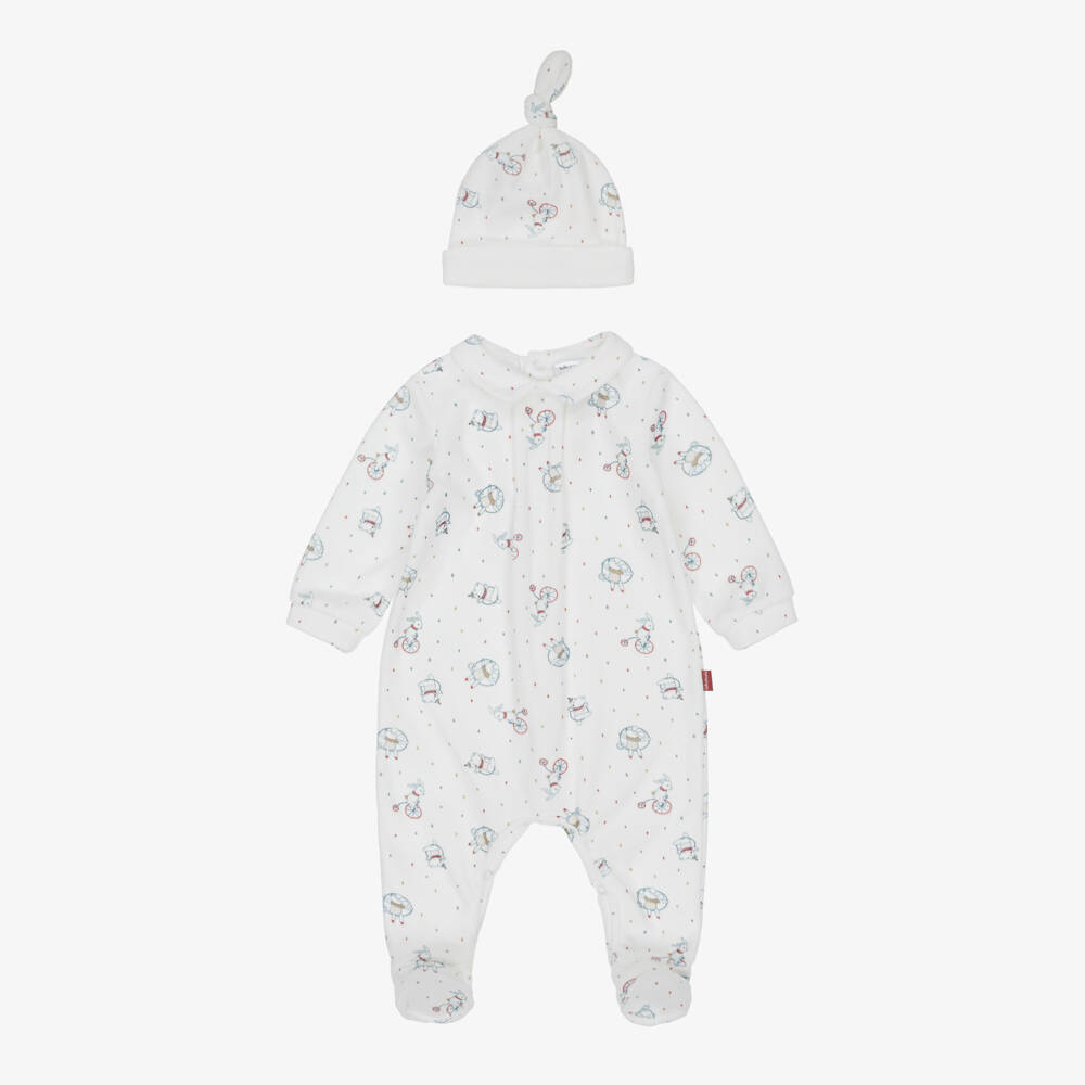 Tutto Piccolo-Ivory Velour Babysuit Set with Circus Animal Print | Childrensalon Outlet