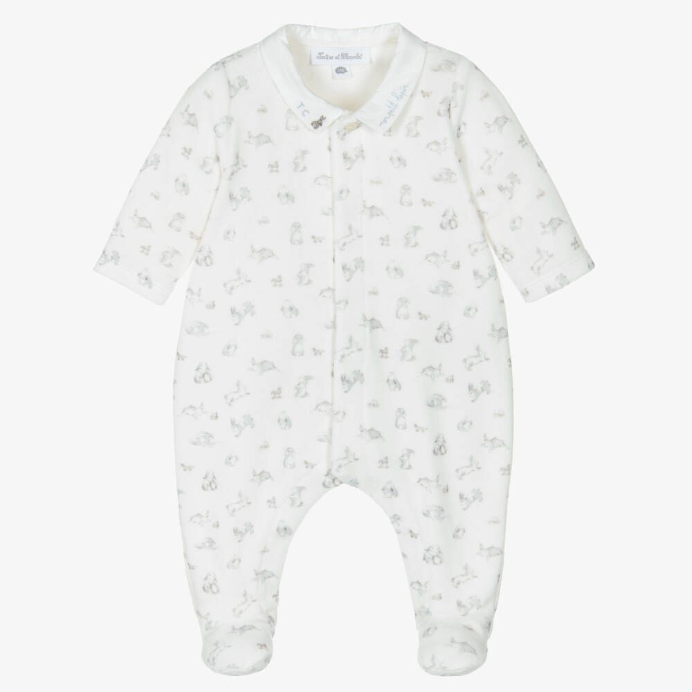 Tartine et Chocolat-Ivory Velour Bunny Babygrow | Childrensalon Outlet