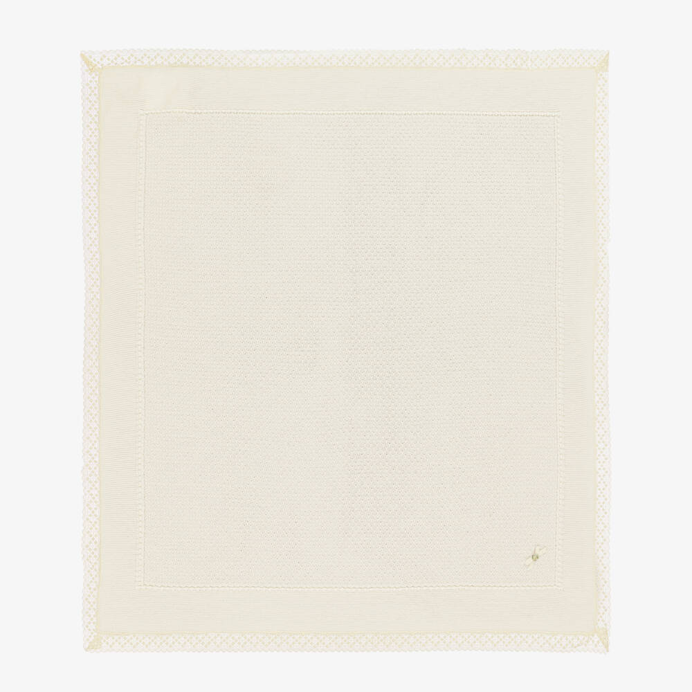 PAZ Rodríguez-Ivory Wool Baby Shawl with Lace Trim (100cm) | Childrensalon Outlet
