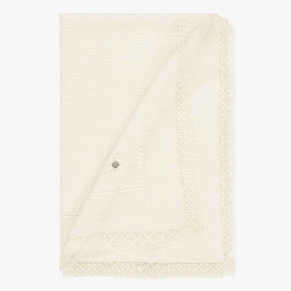 PAZ Rodríguez-Ivory Wool Baby Shawl with Lace Trim (100cm) | Childrensalon Outlet
