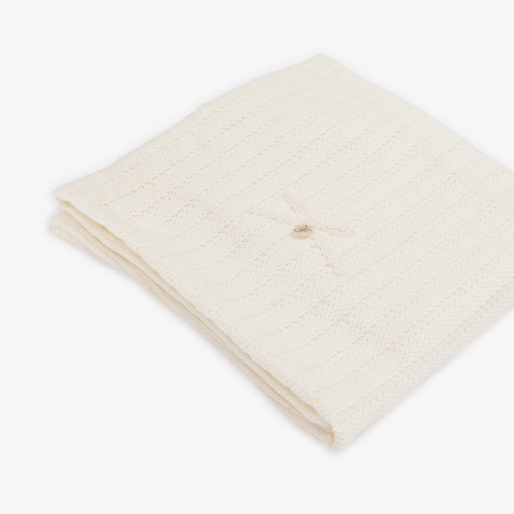 Foque-Ivory Wool Blend Knitted Blanket with Lace Bow (100cm) | Childrensalon Outlet