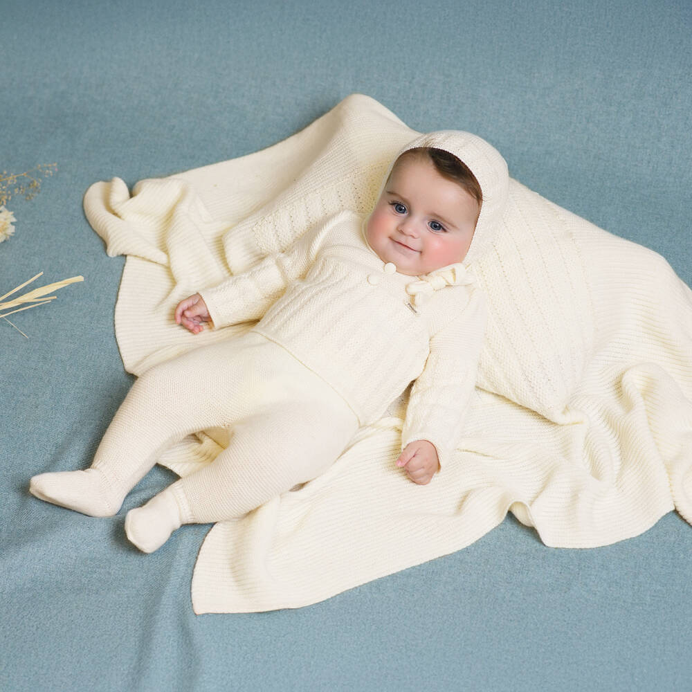 Foque-Ivory Wool Blend Knitted Blanket with Lace Bow (100cm) | Childrensalon Outlet