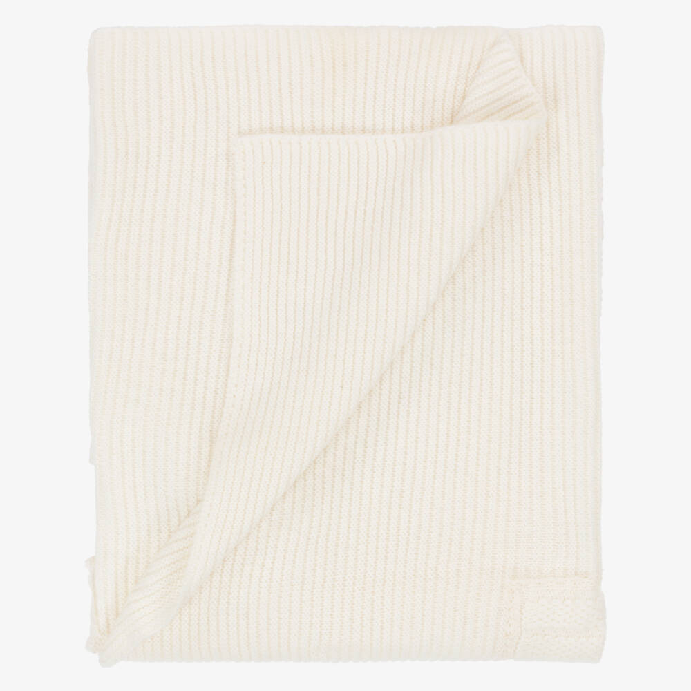 Foque-Ivory Wool Blend Knitted Blanket with Lace Bow (100cm) | Childrensalon Outlet