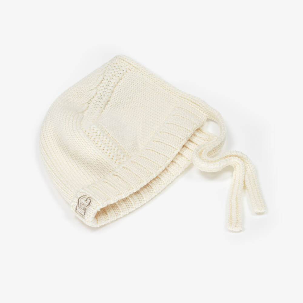 Dolce & Gabbana-Ivory Wool Knit Bonnet with Embroidered DG Logo | Childrensalon Outlet