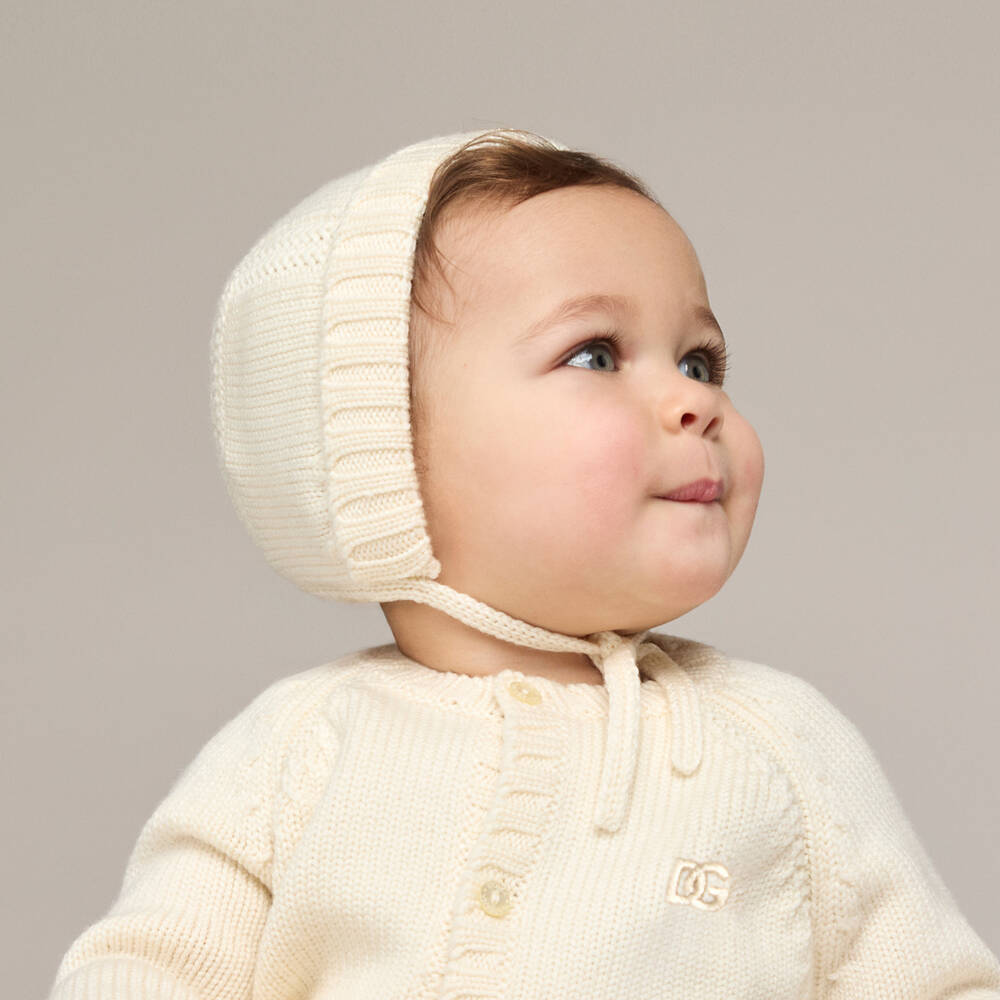 Dolce & Gabbana-Ivory Wool Knit Bonnet with Embroidered DG Logo | Childrensalon Outlet