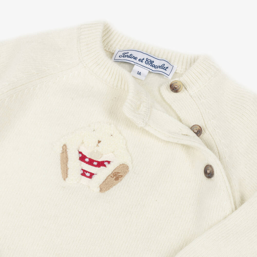 Tartine et Chocolat-Ivory Wool Knitted Fluffy Bunny Sweater | Childrensalon Outlet