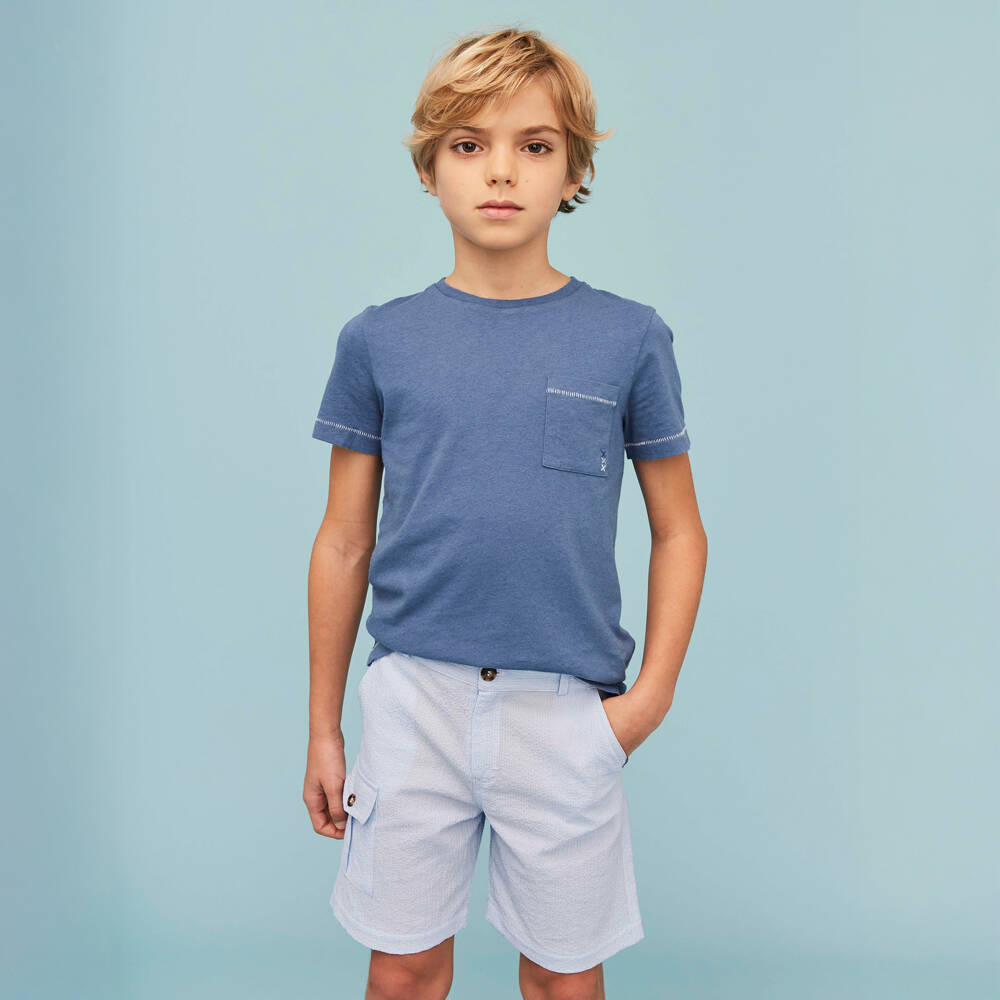 J&Josh-Boys Blue Cotton & Linen T-Shirt | Childrensalon Outlet