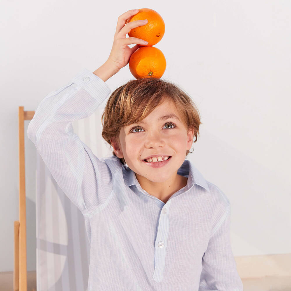 J&Josh-Boys Pale Blue Stripe Pop-Over Linen Shirt | Childrensalon Outlet