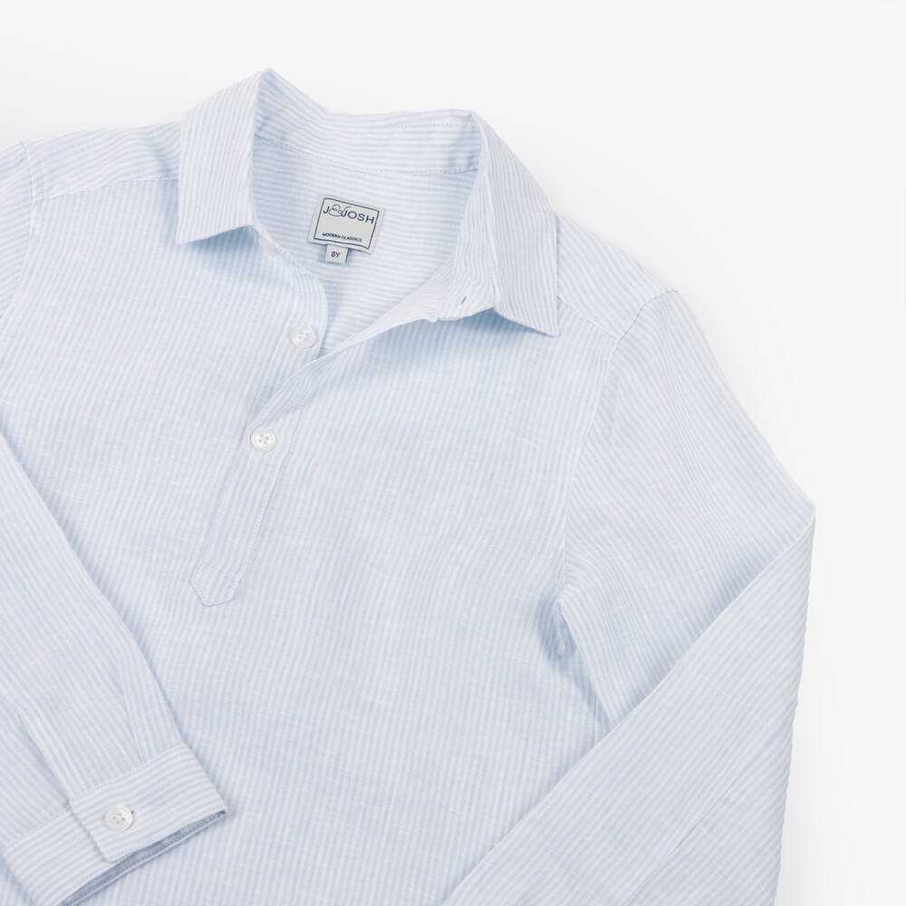 J&Josh-Boys Pale Blue Stripe Pop-Over Linen Shirt | Childrensalon Outlet