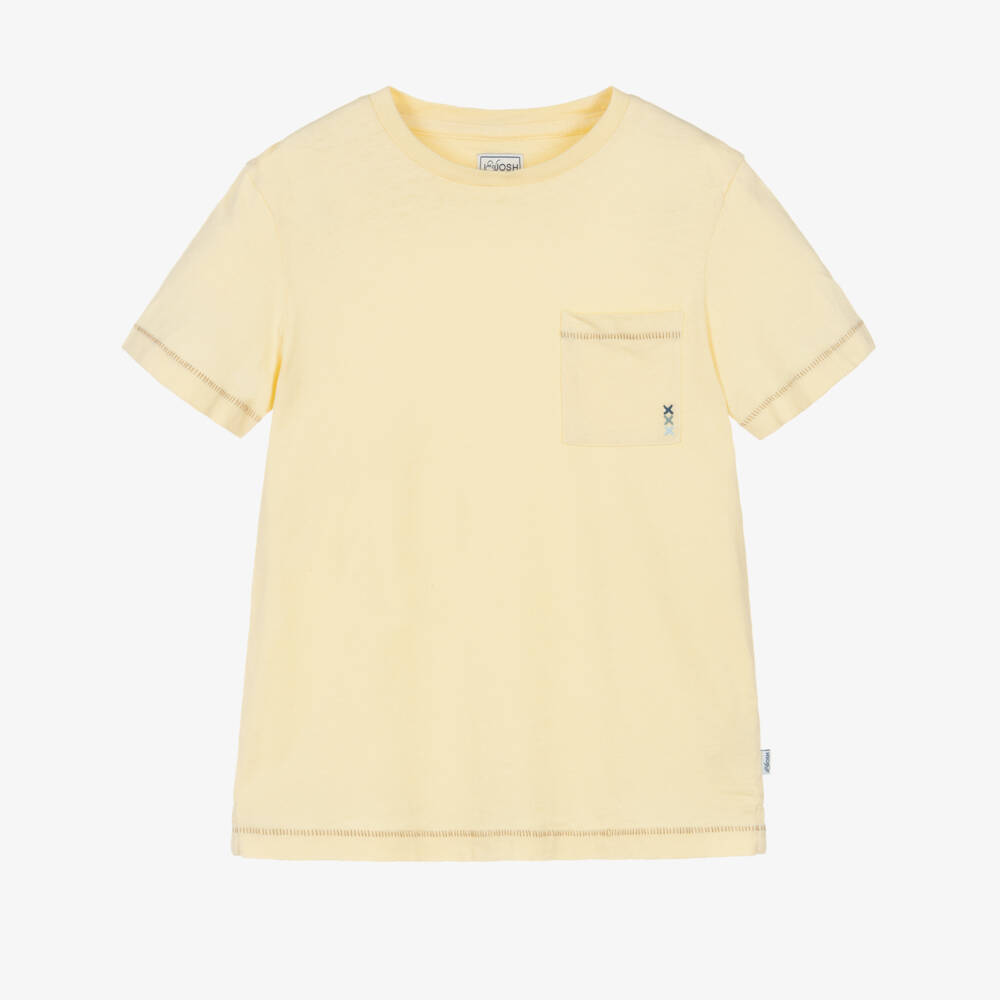 J&Josh-Boys Yellow Cotton & Linen T-Shirt with Overstitching | Childrensalon Outlet