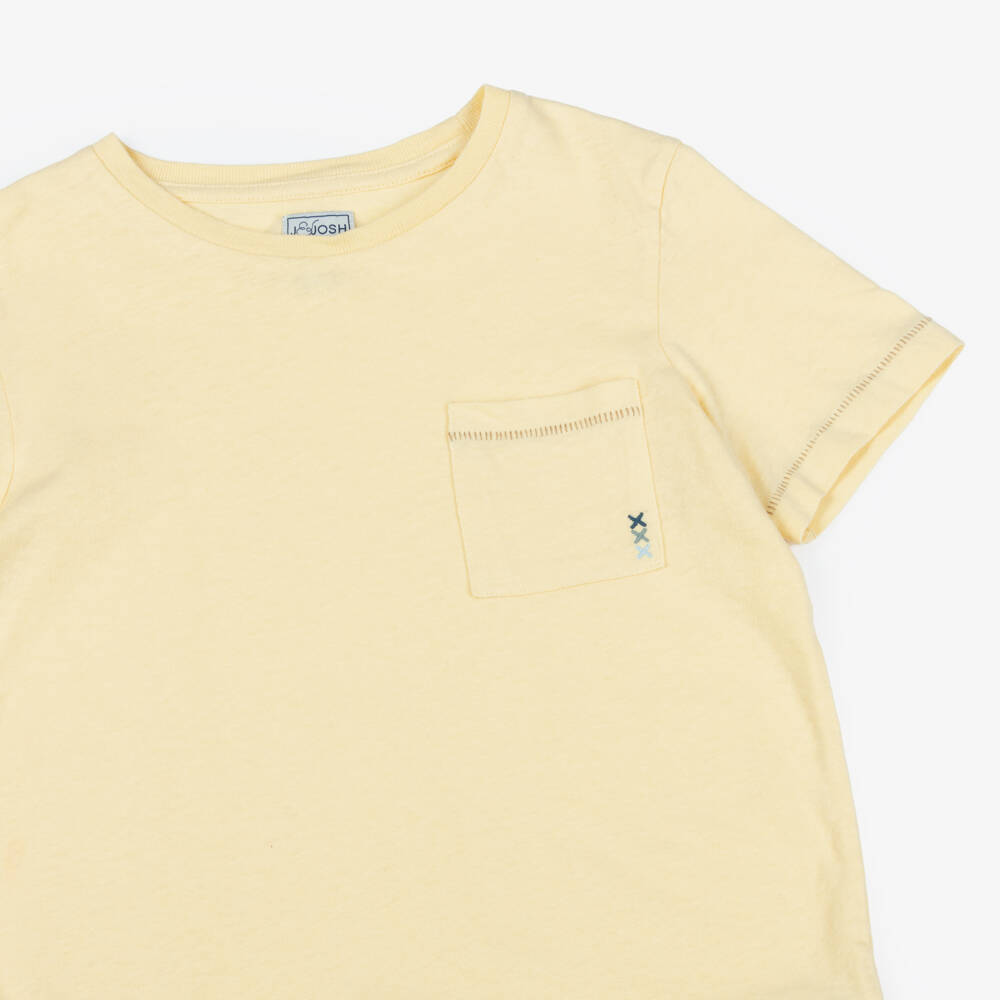 J&Josh-Boys Yellow Cotton & Linen T-Shirt with Overstitching | Childrensalon Outlet