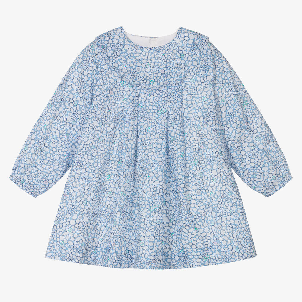 Jacadi Paris-فستان قطن بوبلين لون أزرق وأبيض بطبعة ورود | Childrensalon Outlet
