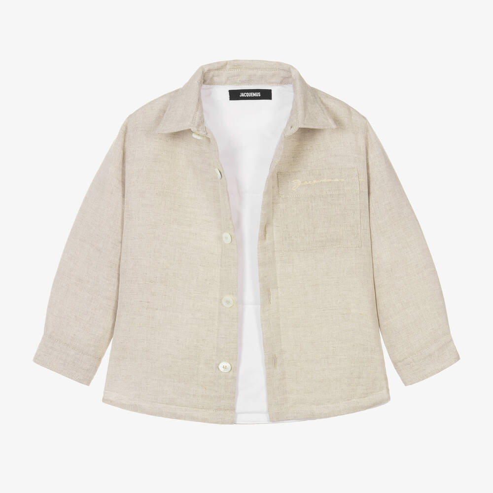 JACQUEMUS-Boys Beige Padded Linen Overshirt | Childrensalon Outlet