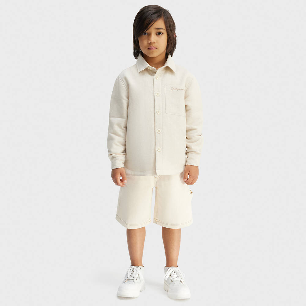 JACQUEMUS-Boys Beige Padded Linen Overshirt | Childrensalon Outlet