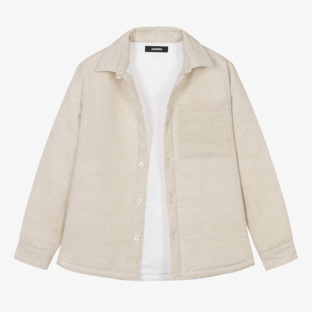 JACQUEMUS-Teen Boys Beige Padded Linen Overshirt | Childrensalon Outlet