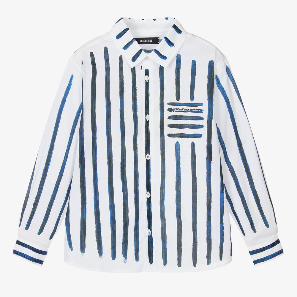 JACQUEMUS-قميص قطن مقلم لون أبيض وأزرق للمراهقين | Childrensalon Outlet