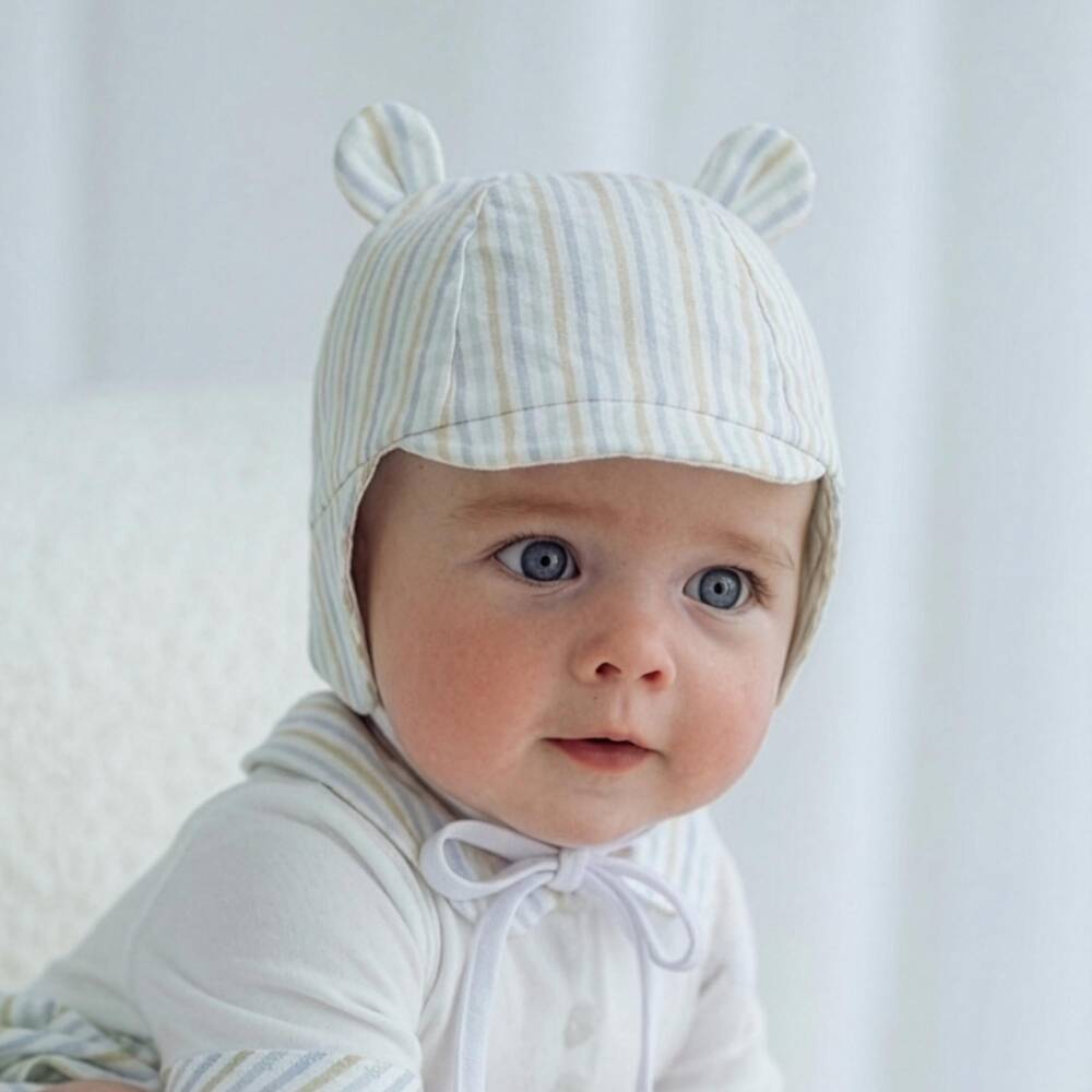 Jamiks-Baby Boys Blue & Beige Stripe Cotton Hat | Childrensalon Outlet