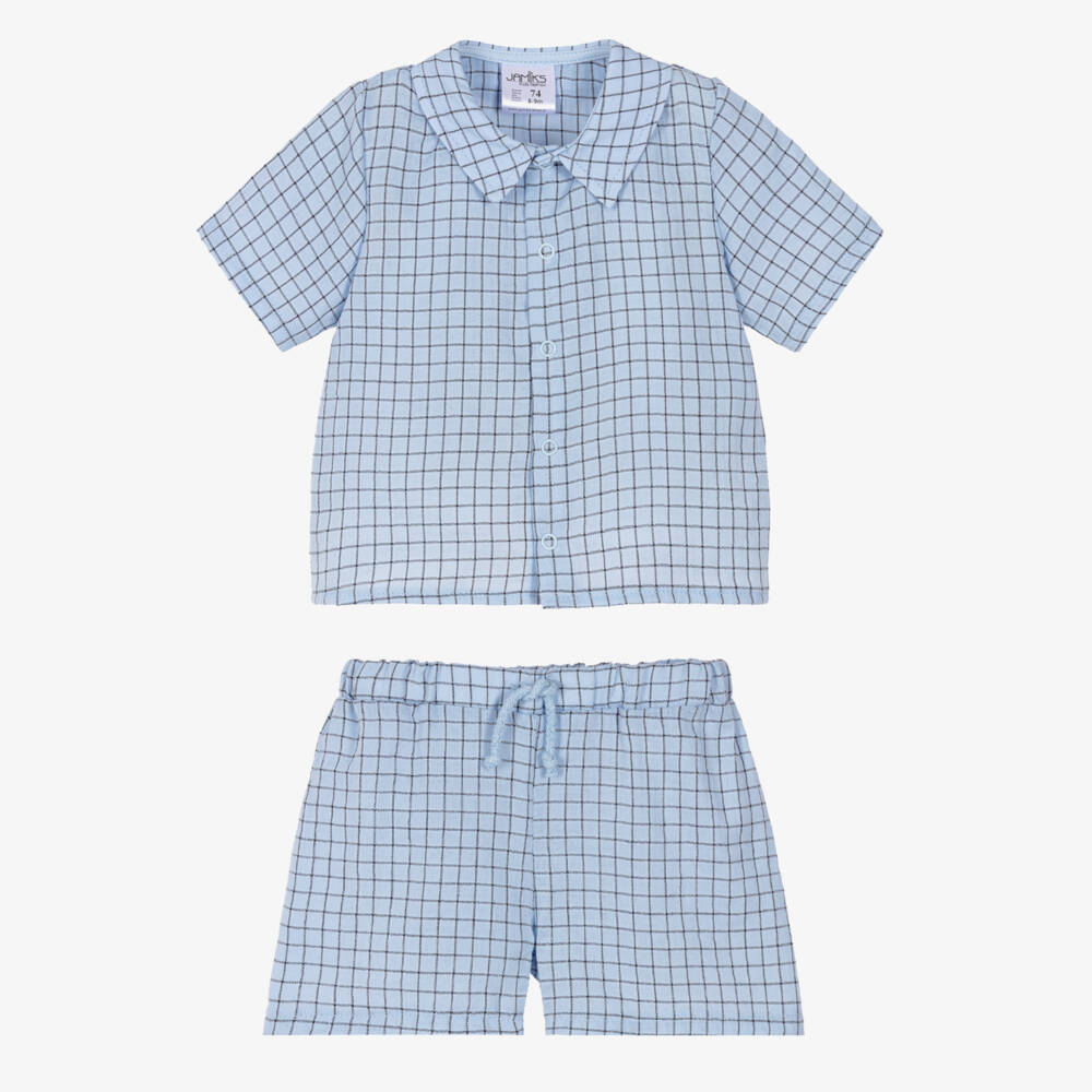 Jamiks-Baby Boys Blue Checked Cotton Shorts Set | Childrensalon Outlet