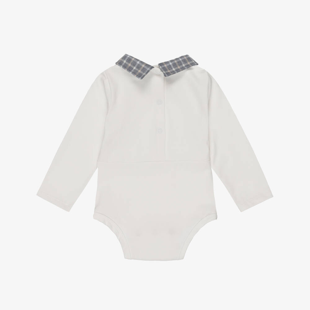 Jamiks-Baby Boys Ivory Cotton Bodysuit with Grey Check Collar | Childrensalon Outlet