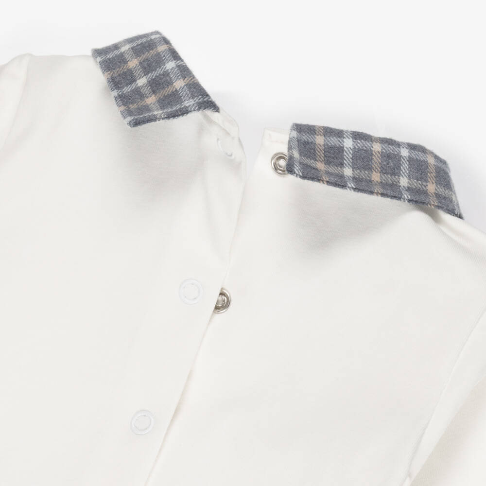 Jamiks-Baby Boys Ivory Cotton Bodysuit with Grey Check Collar | Childrensalon Outlet