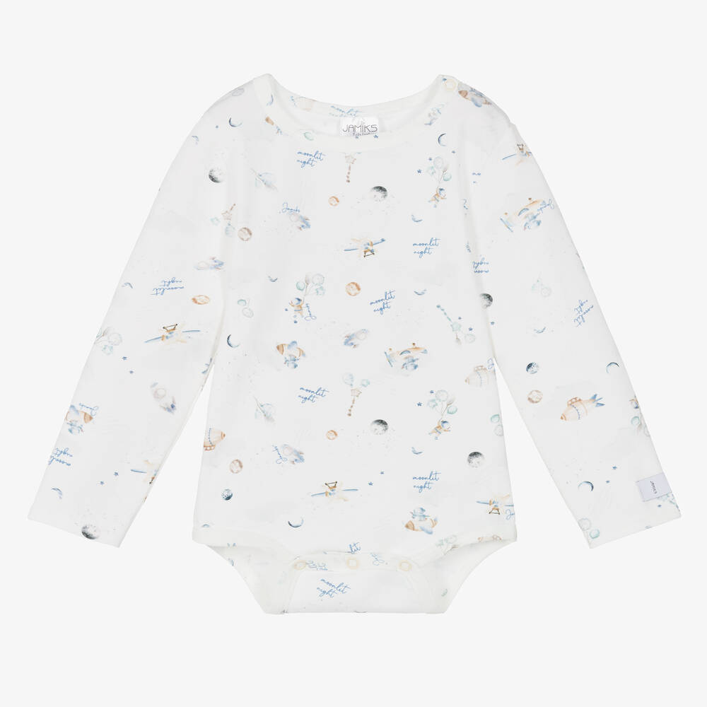 Jamiks-Baby Boys White Printed Cotton Bodyvest | Childrensalon Outlet