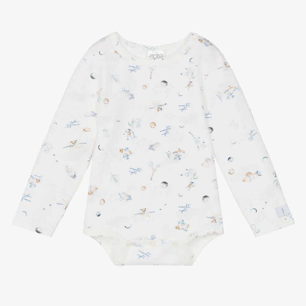 Jamiks - Baby Boys White Printed Cotton Bodyvest | Childrensalon