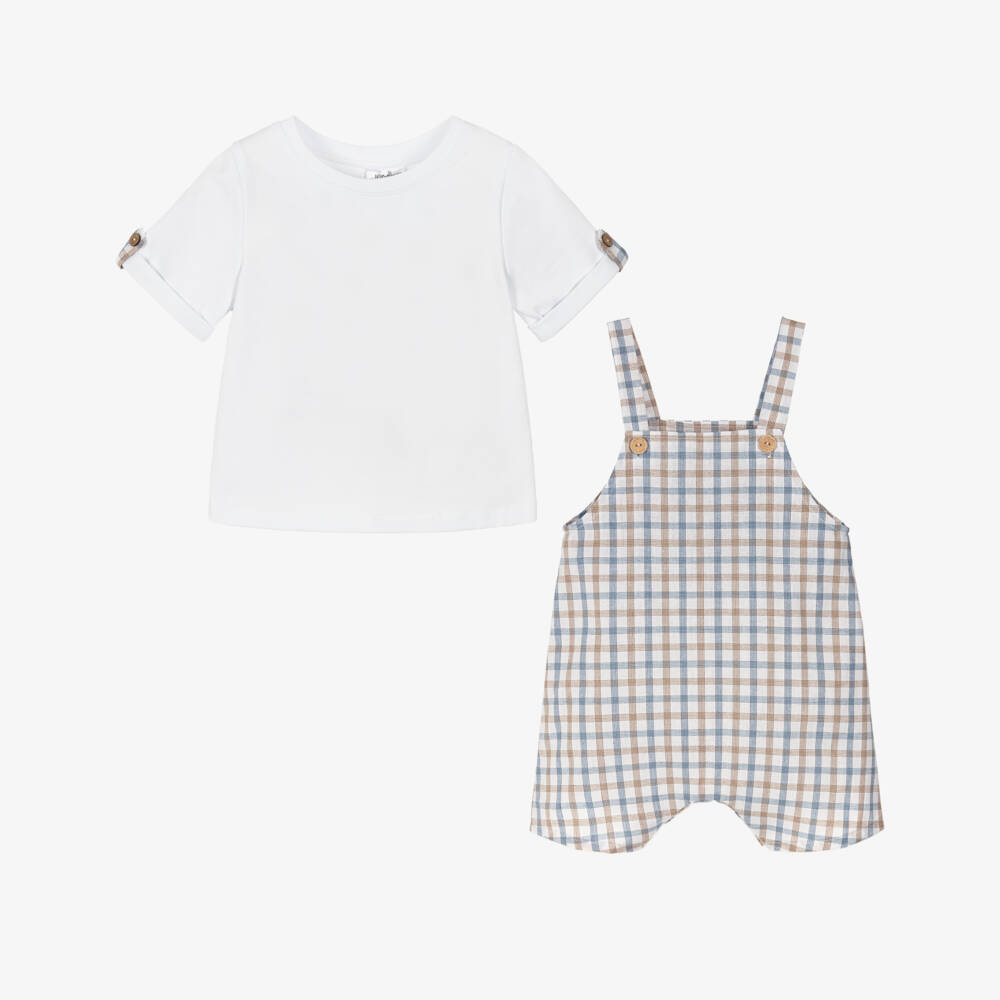 Jamiks-Baby Boys White Top & Checked Dungaree Set | Childrensalon Outlet