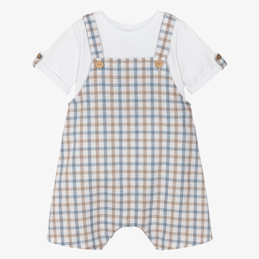 Jamiks-Baby Boys White Top & Checked Dungaree Set | Childrensalon Outlet