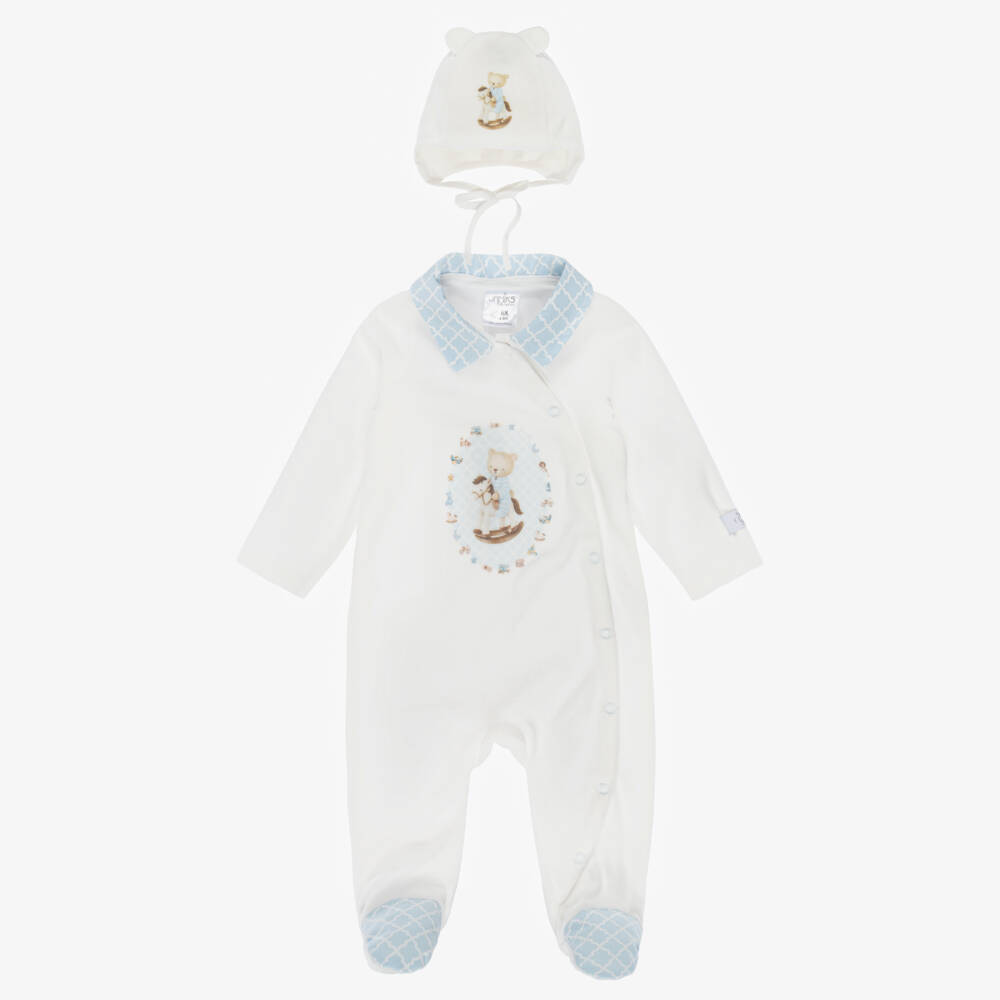 Jamiks-Baby Boys White Velour Teddy & Rocking Horse Babygrow Set | Childrensalon Outlet