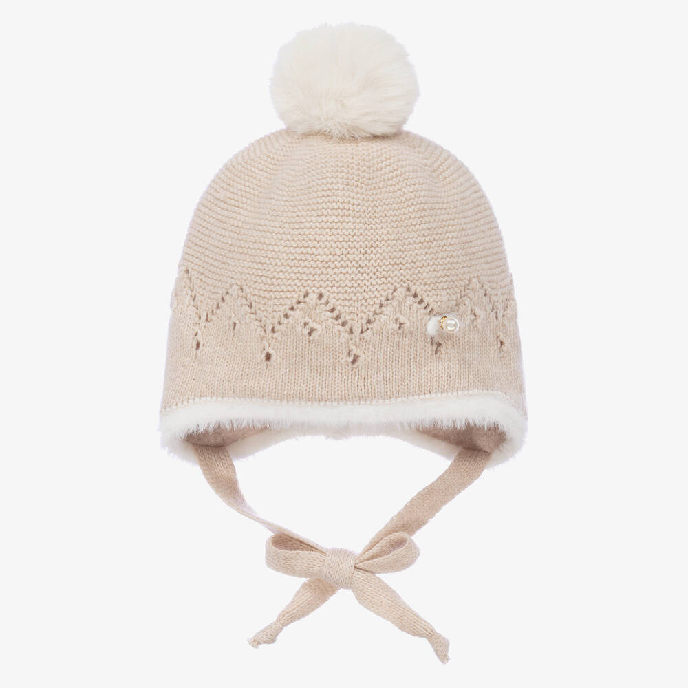 Jamiks - Bonnet beige pompon bébé fille | Childrensalon