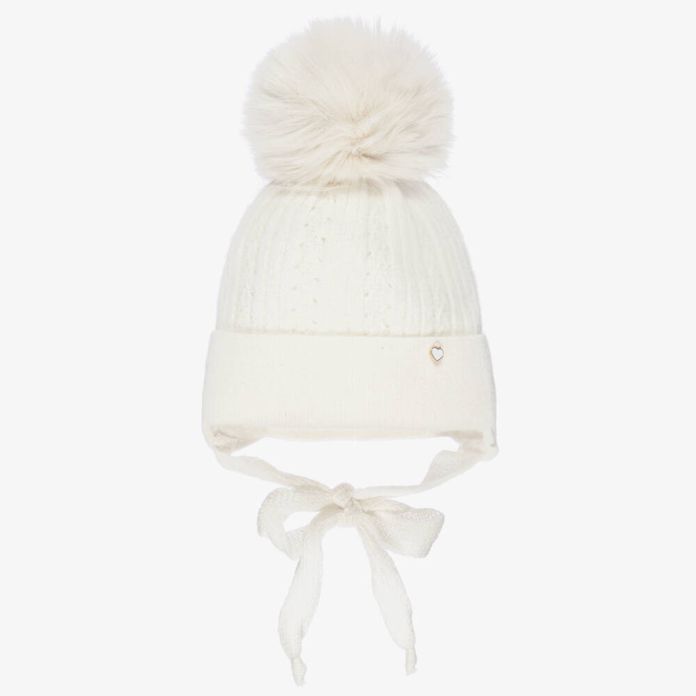 Jamiks-Baby Girls Ivory Wool & Cashmere Faux Fur Bobble Hat | Childrensalon Outlet
