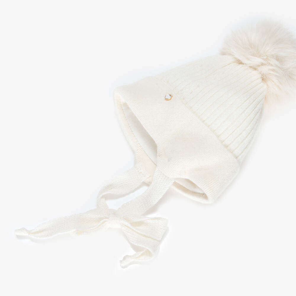 Jamiks-Baby Girls Ivory Wool & Cashmere Faux Fur Bobble Hat | Childrensalon Outlet