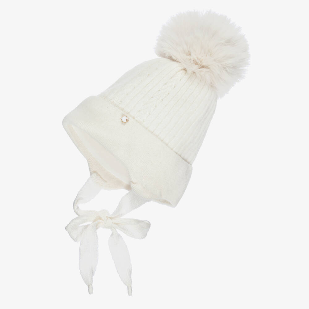 Jamiks-Baby Girls Ivory Wool & Cashmere Faux Fur Bobble Hat | Childrensalon Outlet