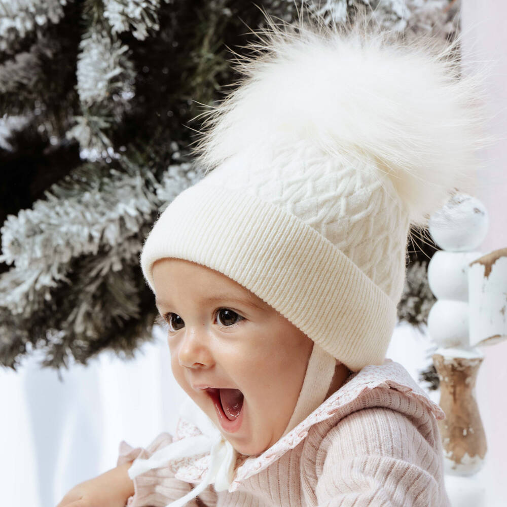 Jamiks-Baby Girls Ivory Wool & Cashmere Faux Fur Bobble Hat | Childrensalon Outlet