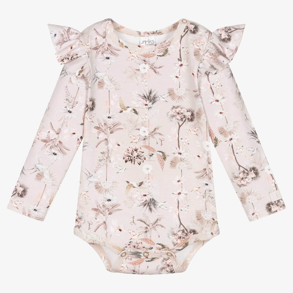 Jamiks - Baby Girls Pink Floral Cotton Bodysuit | Childrensalon