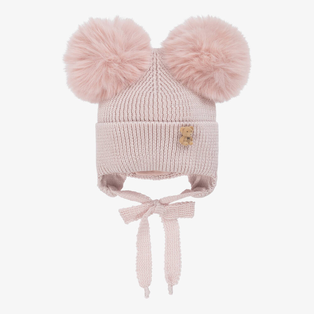 Jamiks-Baby Girls Pink Knitted Hat with Faux Fur Pom-Poms | Childrensalon Outlet