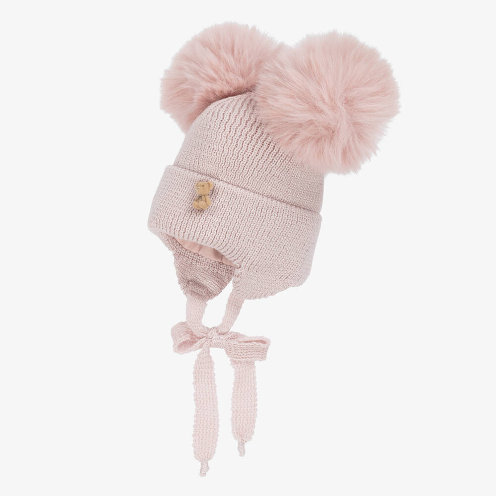 Jamiks-Baby Girls Pink Knitted Hat with Faux Fur Pom-Poms | Childrensalon Outlet