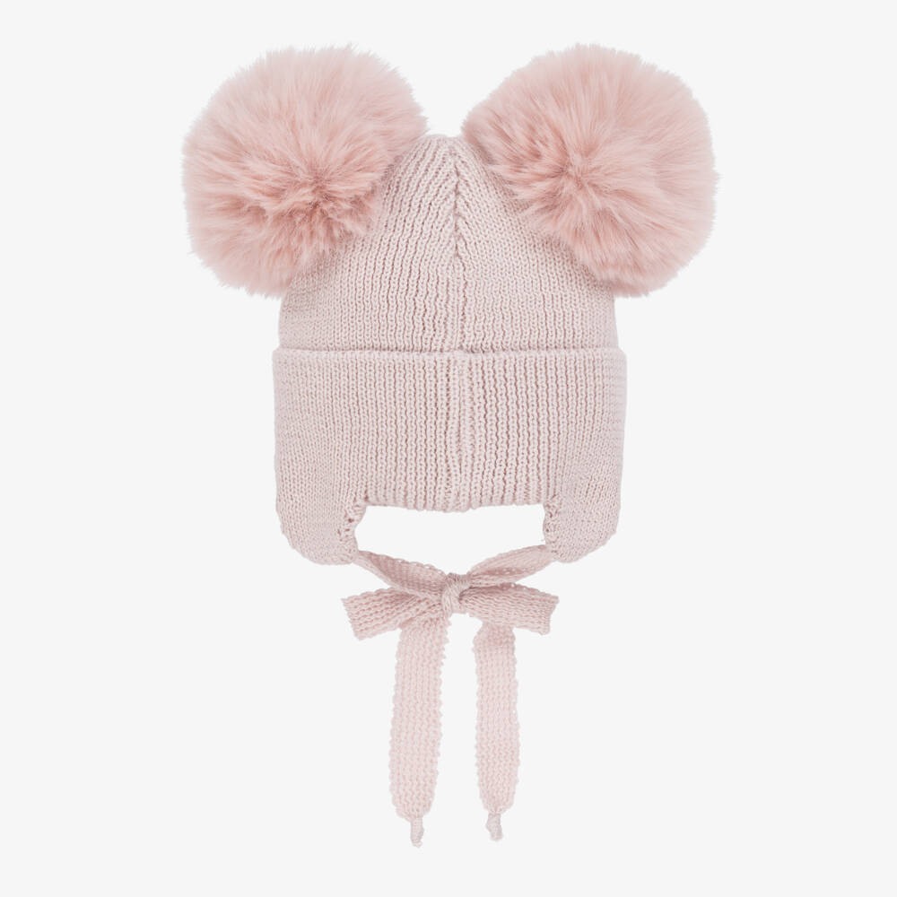 Jamiks-Baby Girls Pink Knitted Hat with Faux Fur Pom-Poms | Childrensalon Outlet