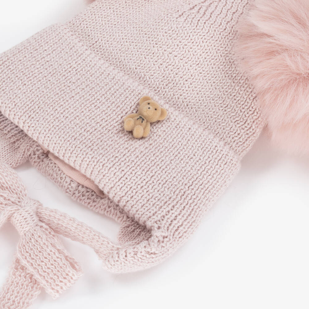 Jamiks-Baby Girls Pink Knitted Hat with Faux Fur Pom-Poms | Childrensalon Outlet