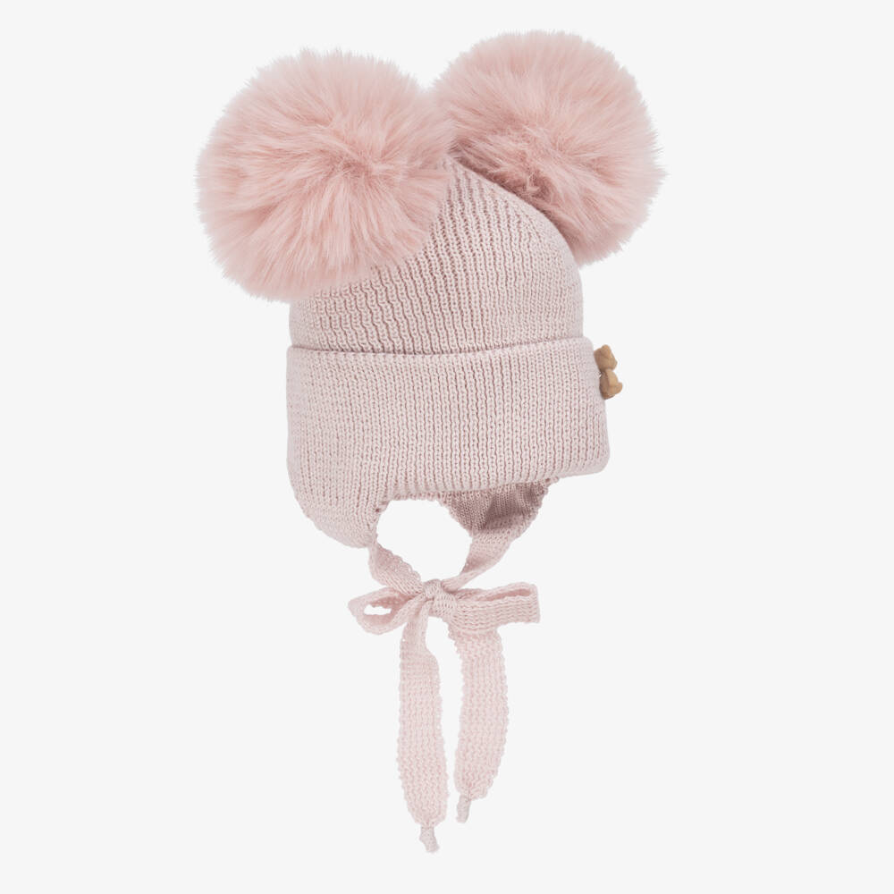 Jamiks-Baby Girls Pink Knitted Hat with Faux Fur Pom-Poms | Childrensalon Outlet