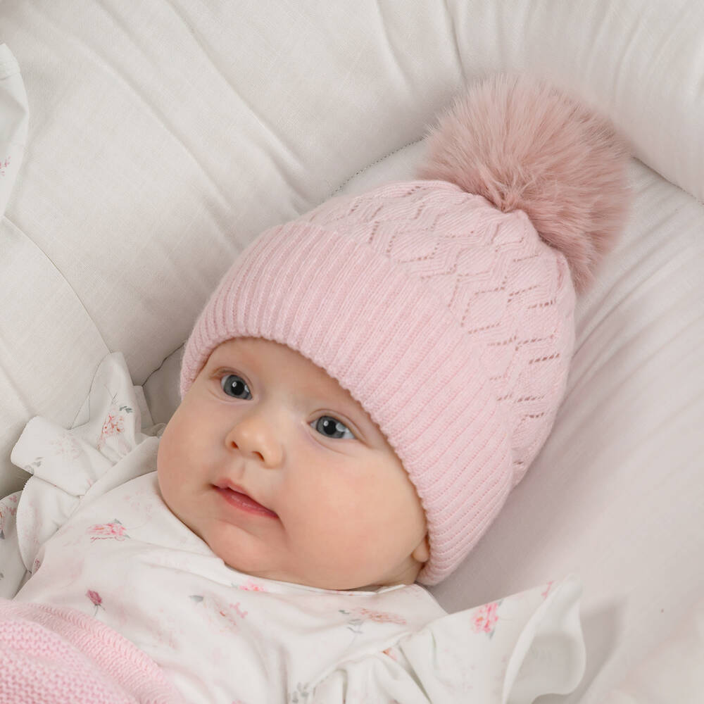 Baby girl pink bobble hat hot sale