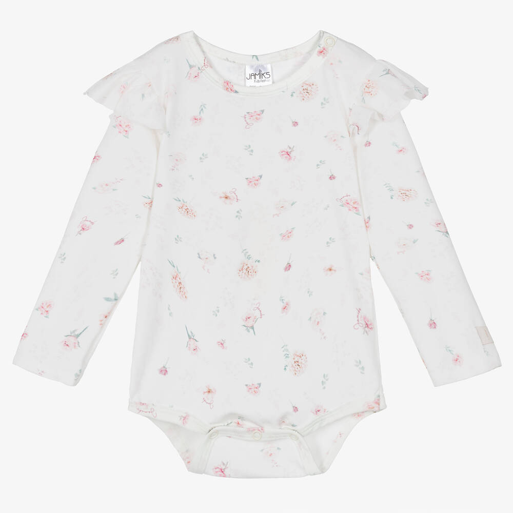 Jamiks - Baby Girls White Floral Cotton Bodysuit | Childrensalon