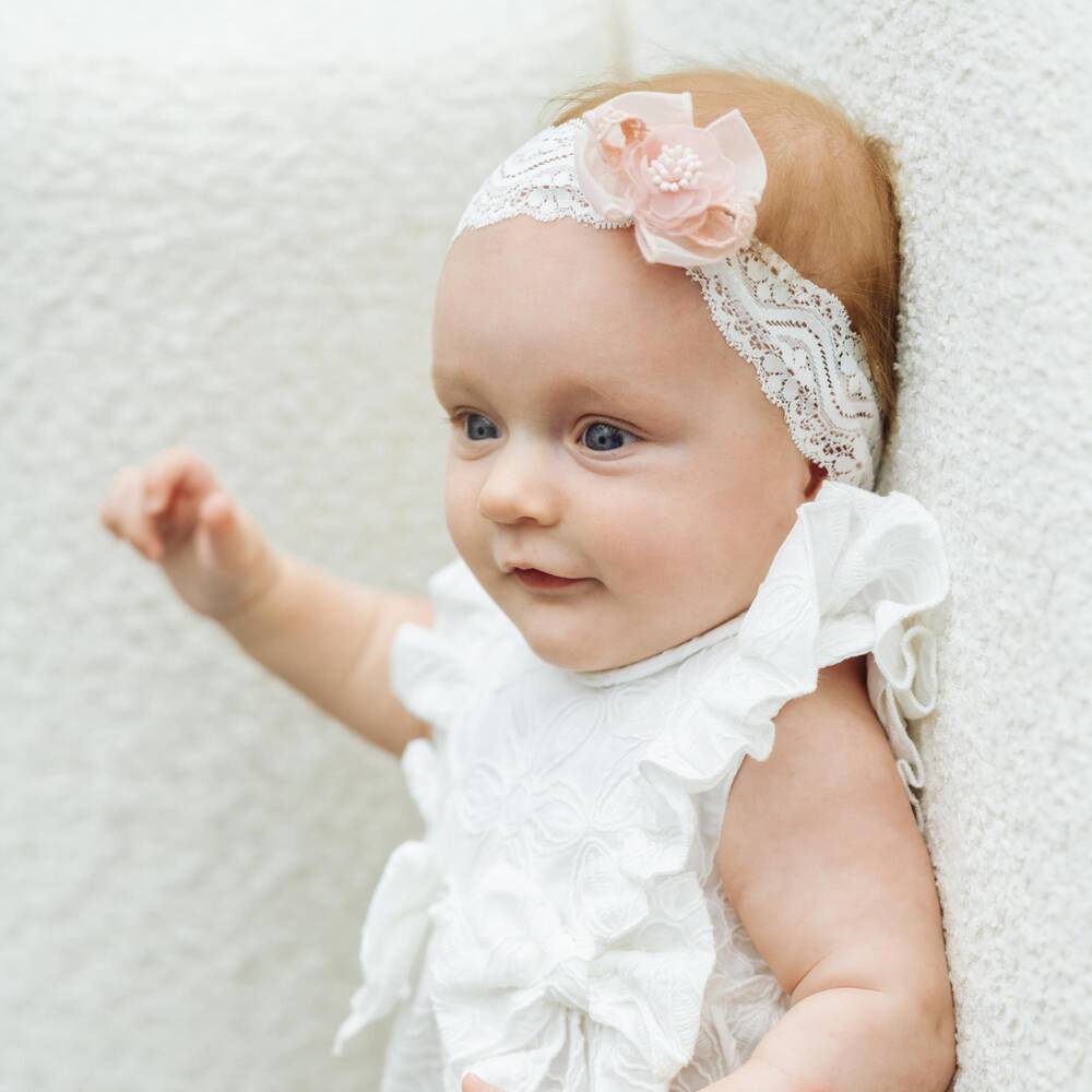 Jamiks-Baby Girls White Lace & Pink Floral Headband | Childrensalon Outlet