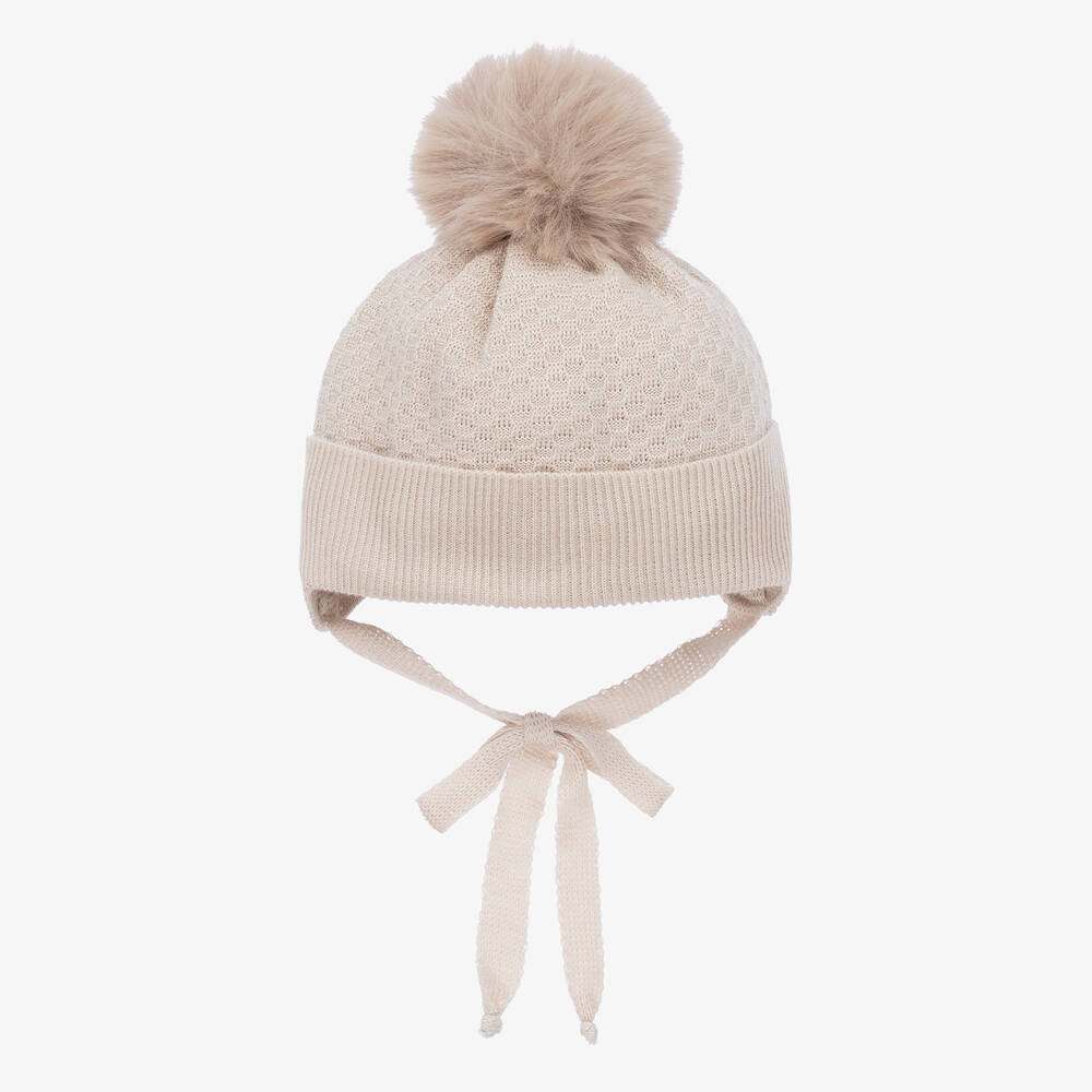 Jamiks-Beige Cotton & Bamboo Pom-Pom Baby Hat | Childrensalon Outlet