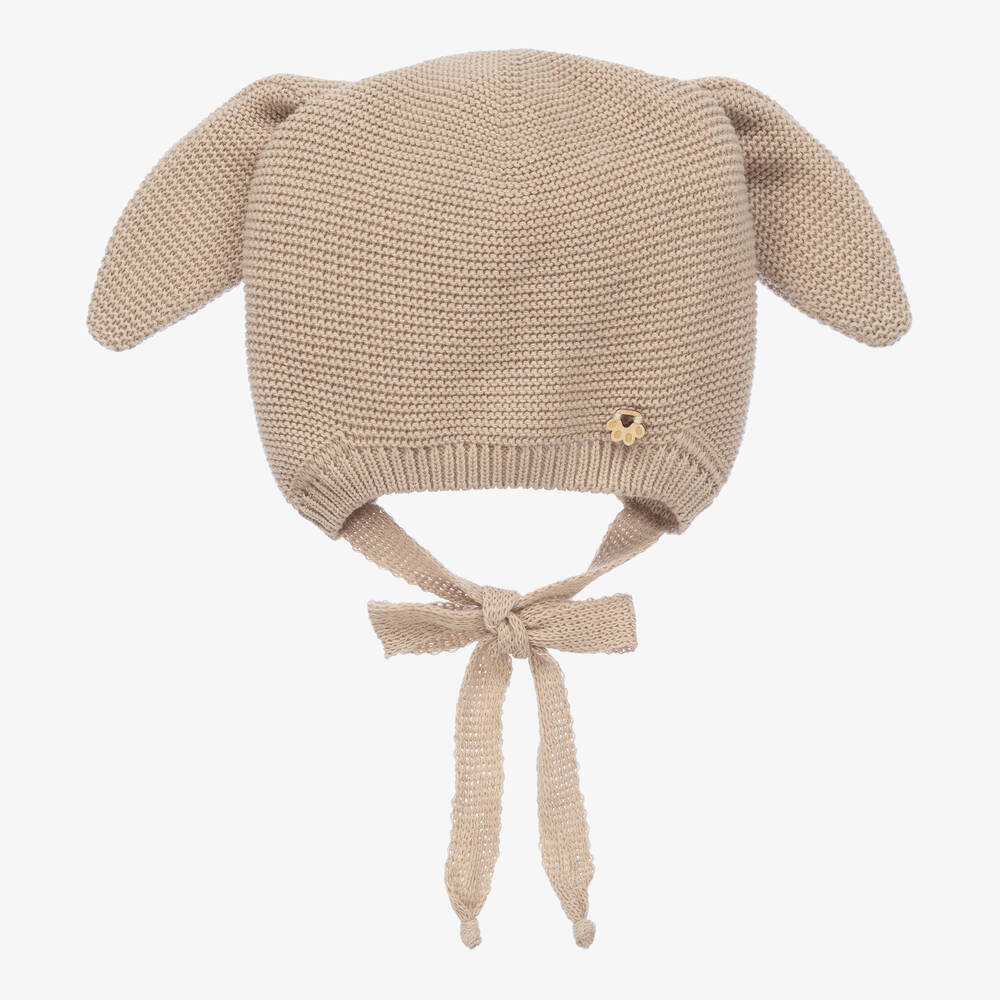 Jamiks-Beige Cotton Knit Bunny Ears Baby Hat | Childrensalon Outlet