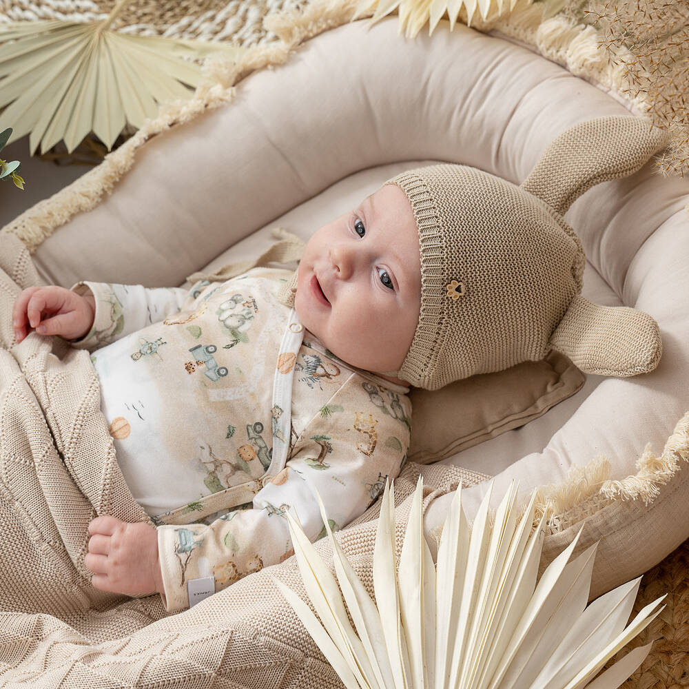 Jamiks-Beige Cotton Knit Bunny Ears Baby Hat | Childrensalon Outlet