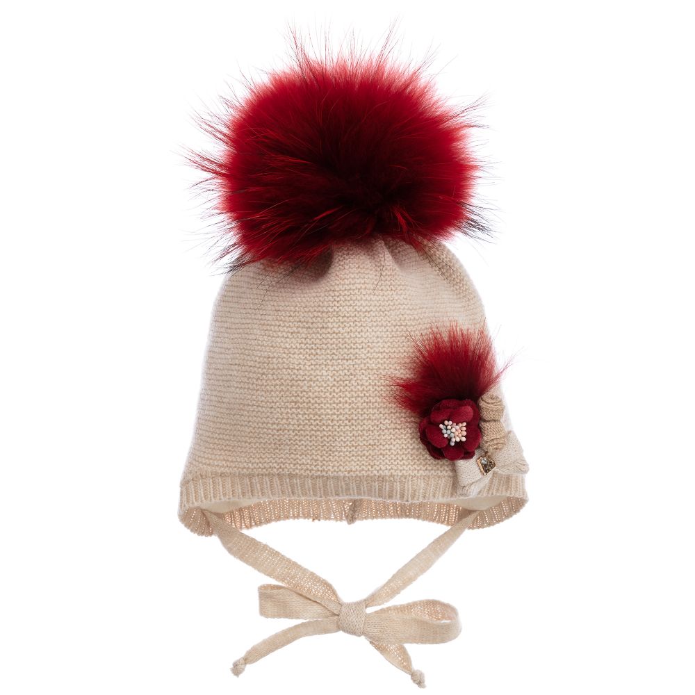 Jamiks - Beige & Red Wool Pom-Pom Hat | Childrensalon