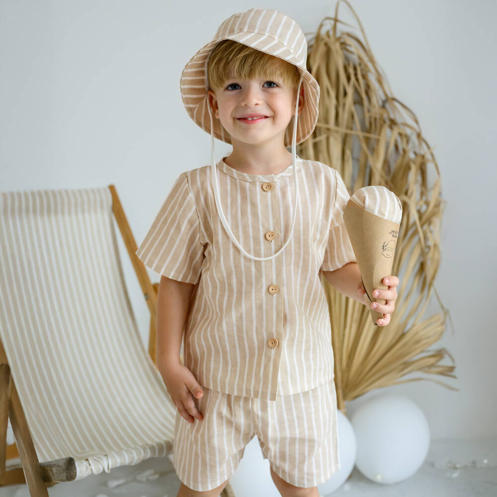 Jamiks-Бежевый полосатый комплект шорт для мальчиков | Childrensalon Outlet
